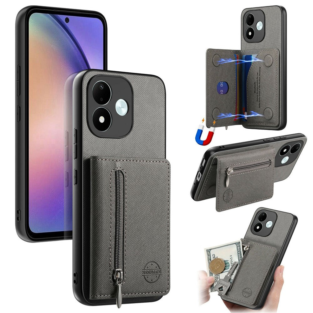 For Xiaomi Redmi Note 17 4G (Global) / Note 17 5G (Global) / Note 17 (India / China) 5G Case Zipper Card Holder Kickstand Jeans Cloth Texture Leather Back Cover