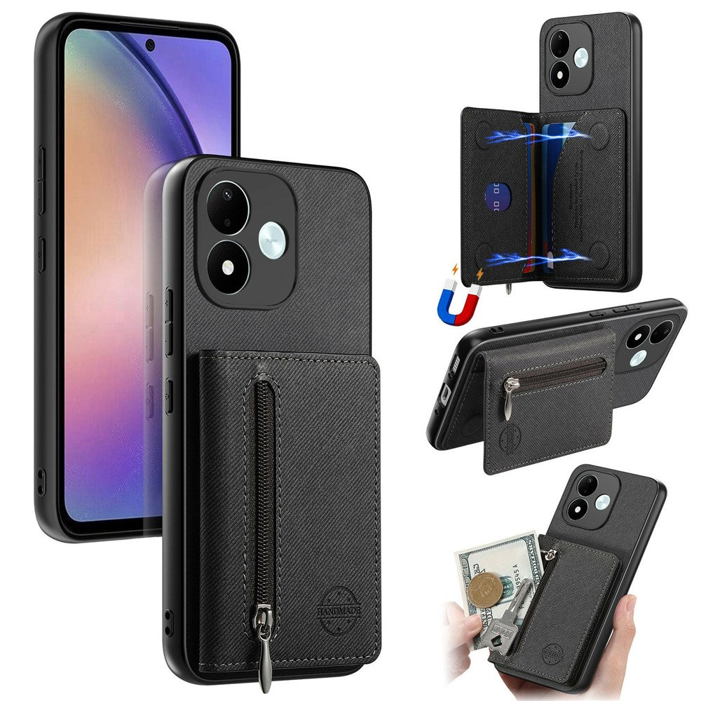 For Xiaomi Redmi Note 17 4G (Global) / Note 17 5G (Global) / Note 17 (India / China) 5G Case Zipper Card Holder Kickstand Jeans Cloth Texture Leather Back Cover