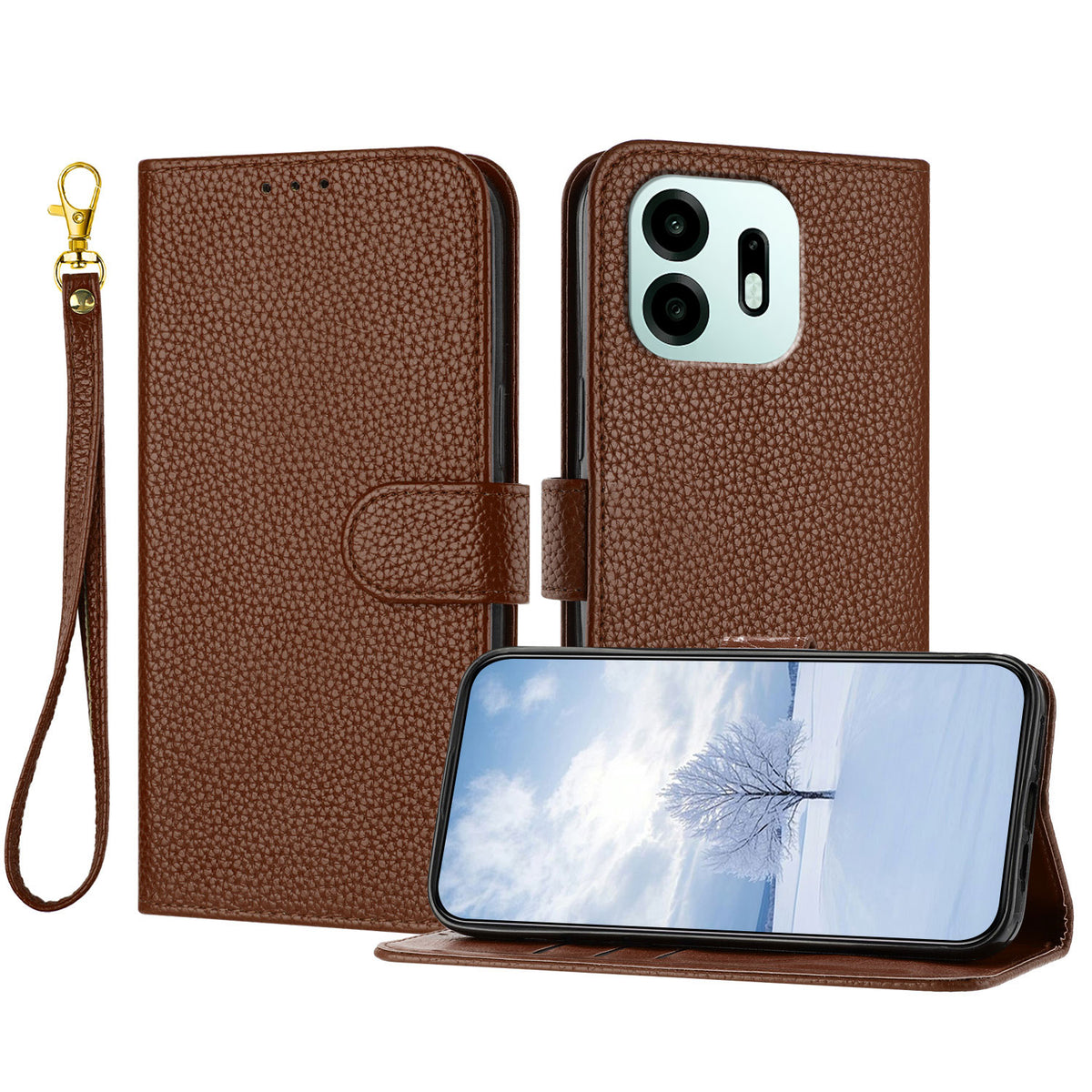 For OnePlus N6 4G Leather Case Litchi Texture Wallet Stand Anti Drop Phone Cover with Wrist Strap