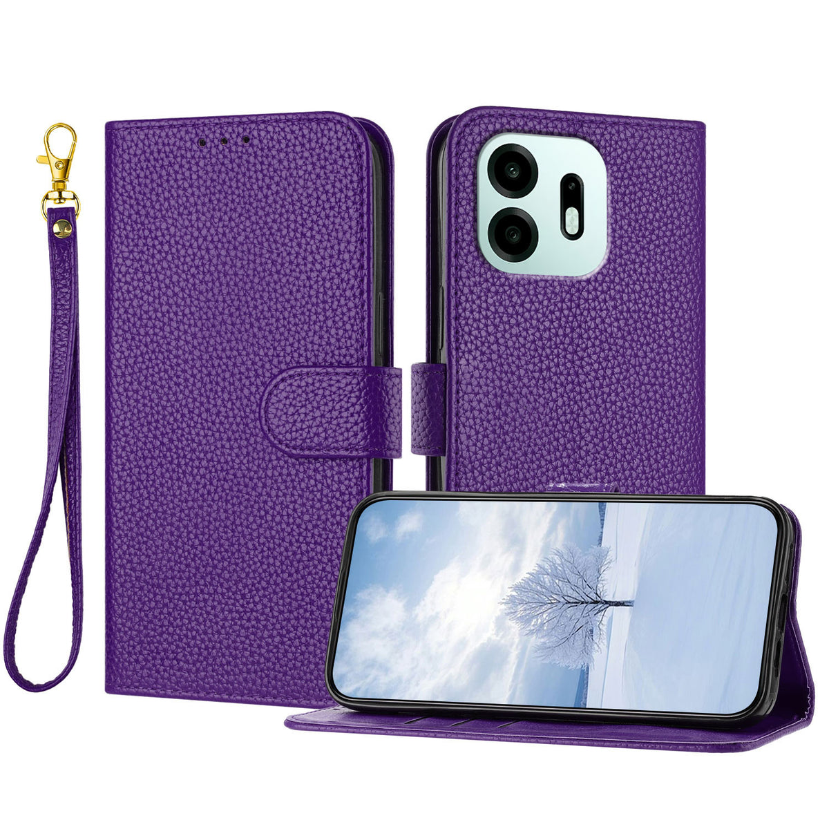 For OnePlus N6 4G Leather Case Litchi Texture Wallet Stand Anti Drop Phone Cover with Wrist Strap