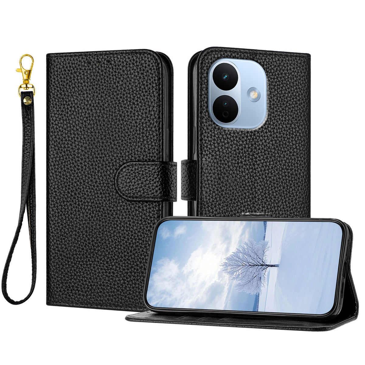 For Xiaomi Redmi Note 17 Pro 5G Leather Case Litchi Texture Wallet Stand Anti Drop Phone Cover with Wrist Strap