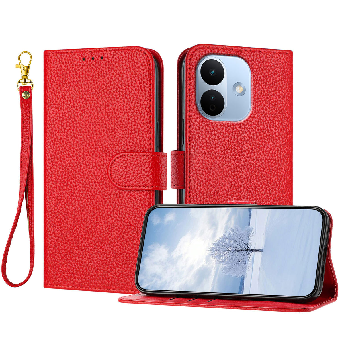 For Xiaomi Redmi Note 17 Pro 5G Leather Case Litchi Texture Wallet Stand Anti Drop Phone Cover with Wrist Strap