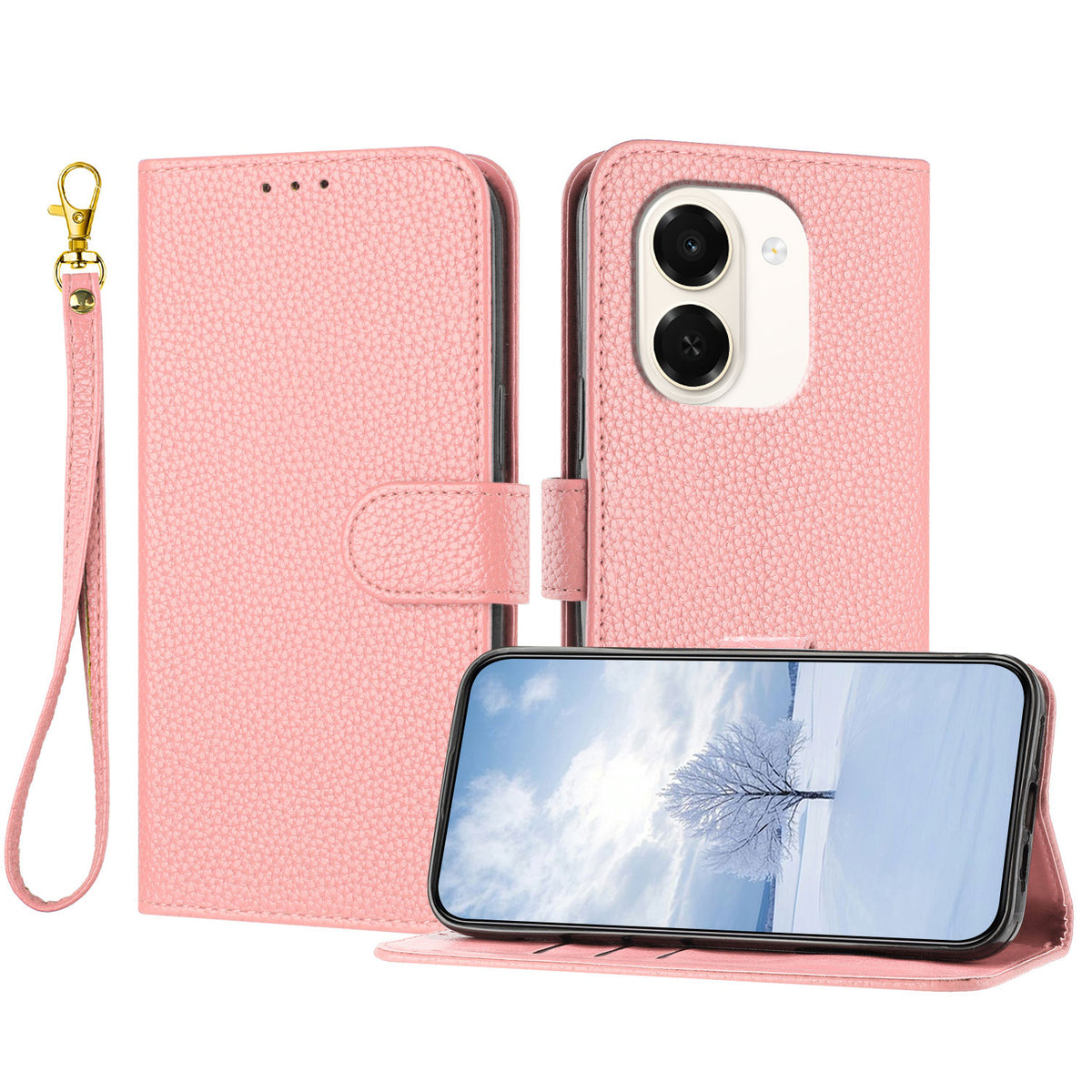 For Honor Play 80 Plus 5G / Honor X7e 4G Leather Case Litchi Texture Wallet Stand Anti Drop Phone Cover with Wrist Strap