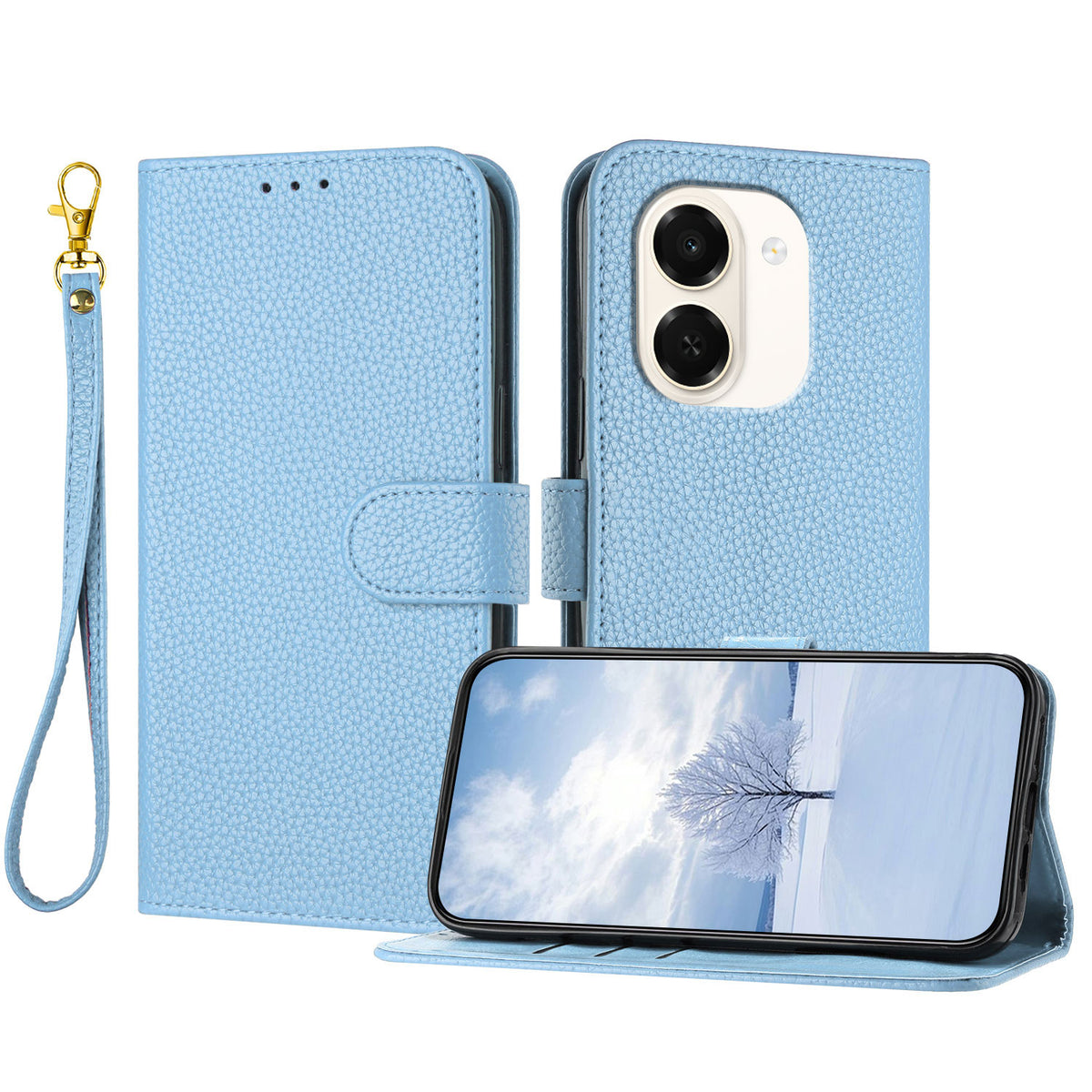 For Honor Play 80 Plus 5G / Honor X7e 4G Leather Case Litchi Texture Wallet Stand Anti Drop Phone Cover with Wrist Strap
