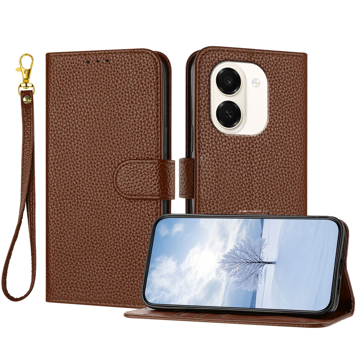 For Honor Play 80 Plus 5G / Honor X7e 4G Leather Case Litchi Texture Wallet Stand Anti Drop Phone Cover with Wrist Strap