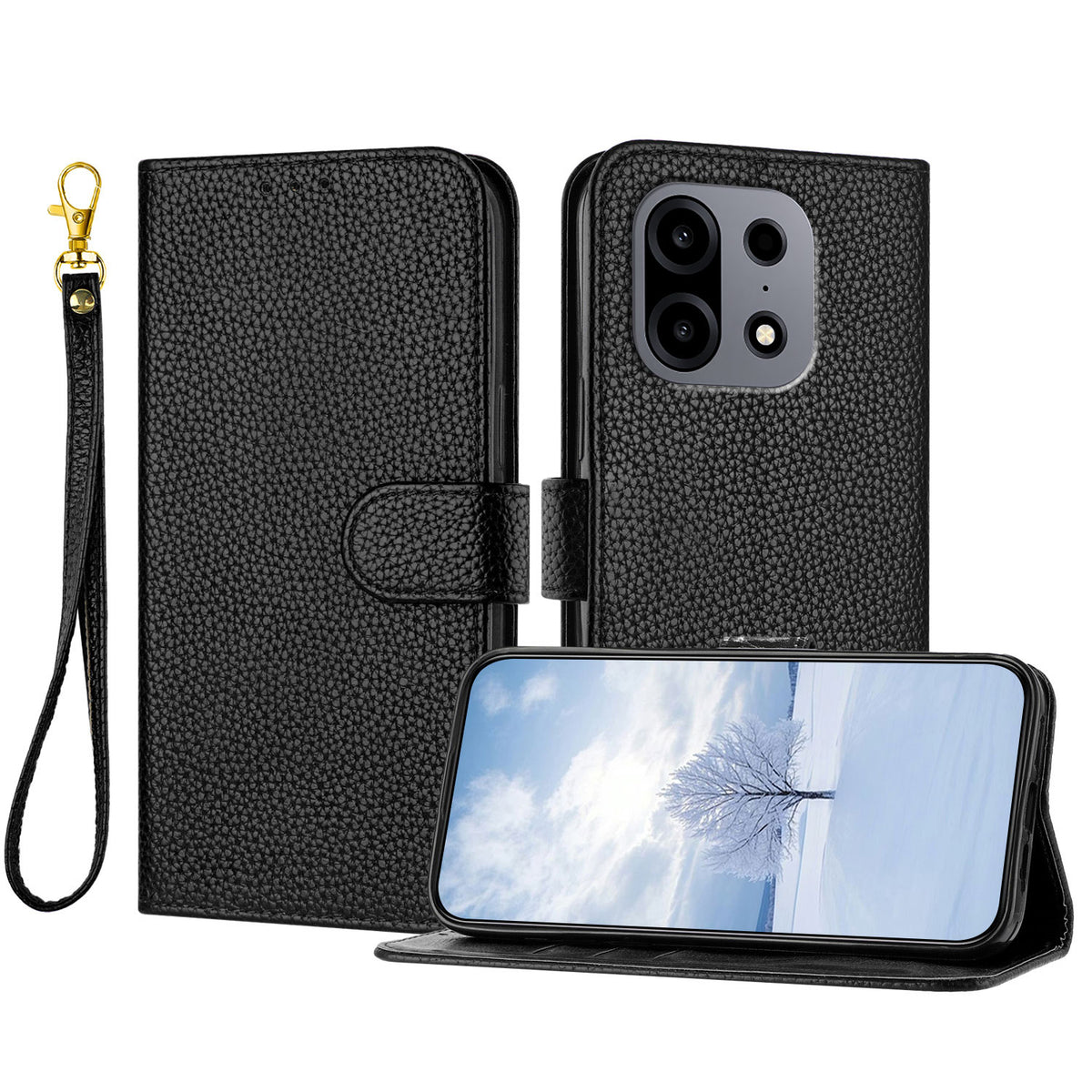 For OnePlus Turbo 6X Pro 5G Leather Case Litchi Texture Wallet Stand Anti Drop Phone Cover with Wrist Strap