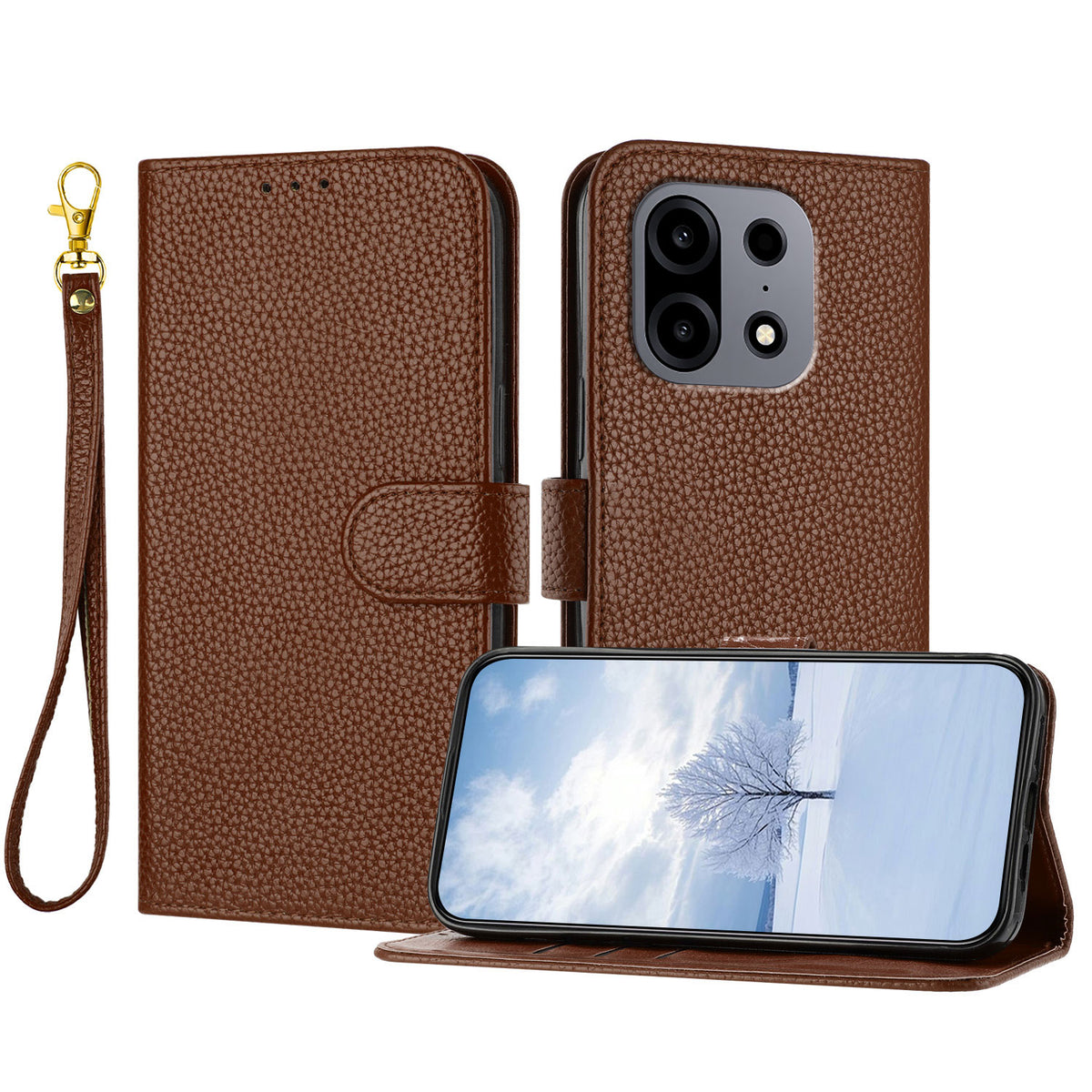 For OnePlus Turbo 6X Pro 5G Leather Case Litchi Texture Wallet Stand Anti Drop Phone Cover with Wrist Strap
