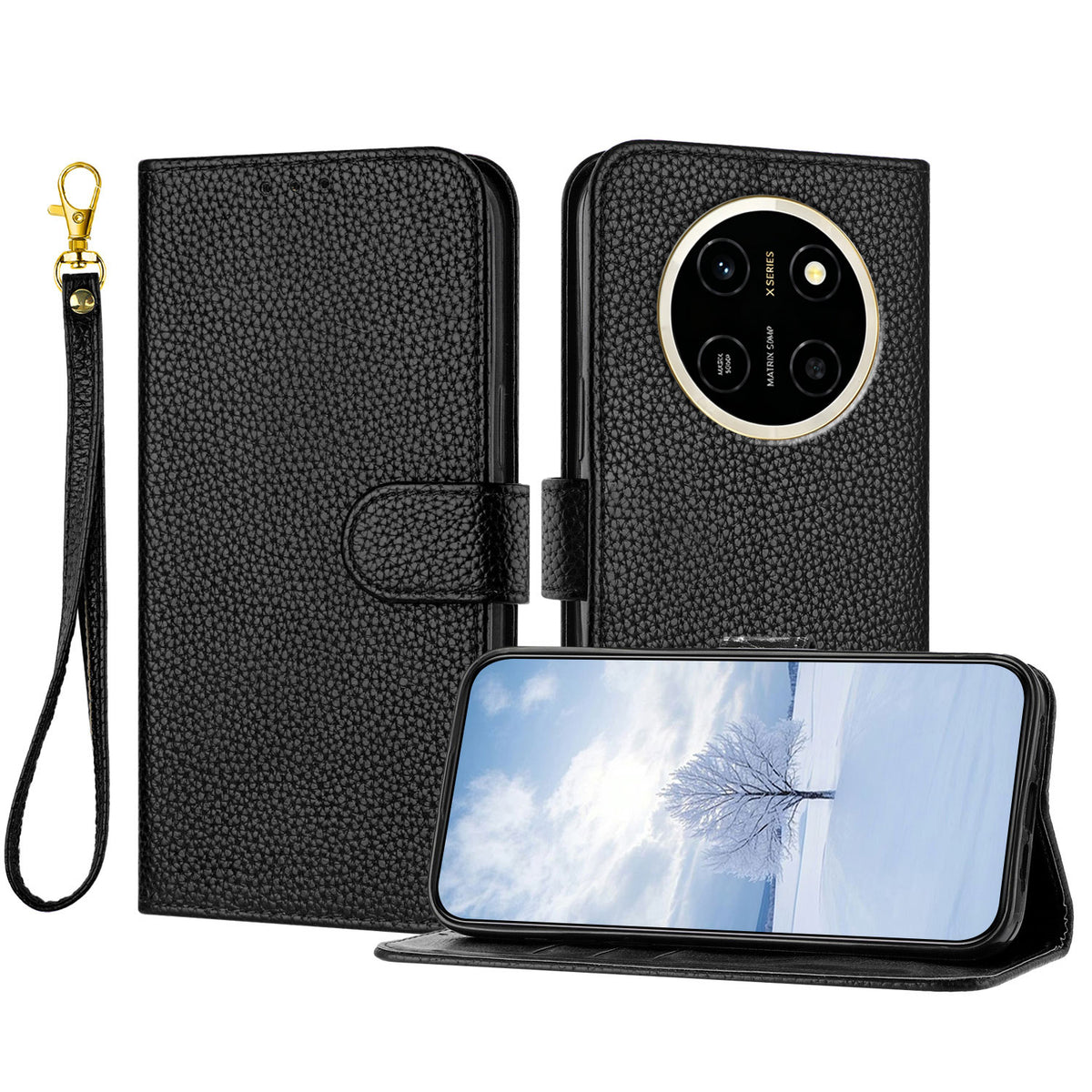 For Honor X80 Pro Max 5G Leather Case Litchi Texture Wallet Stand Anti Drop Phone Cover with Wrist Strap
