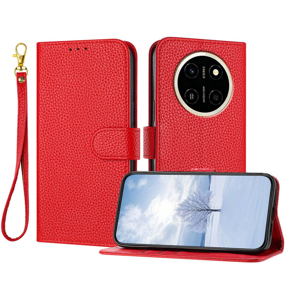 For Honor X80 Pro Max 5G Leather Case Litchi Texture Wallet Stand Anti Drop Phone Cover with Wrist Strap