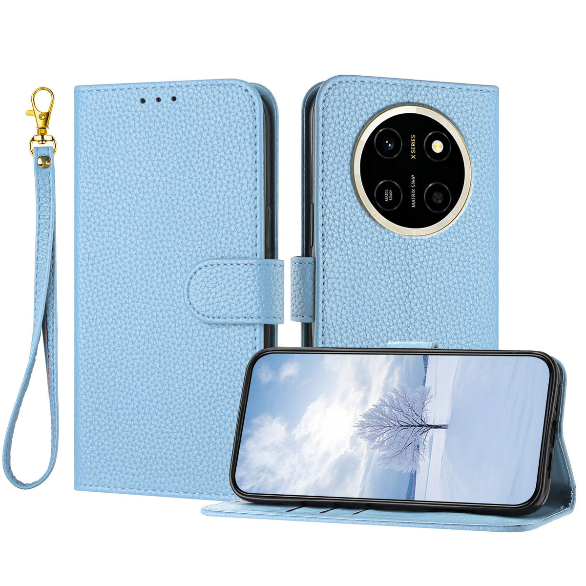 For Honor X80 Pro Max 5G Leather Case Litchi Texture Wallet Stand Anti Drop Phone Cover with Wrist Strap