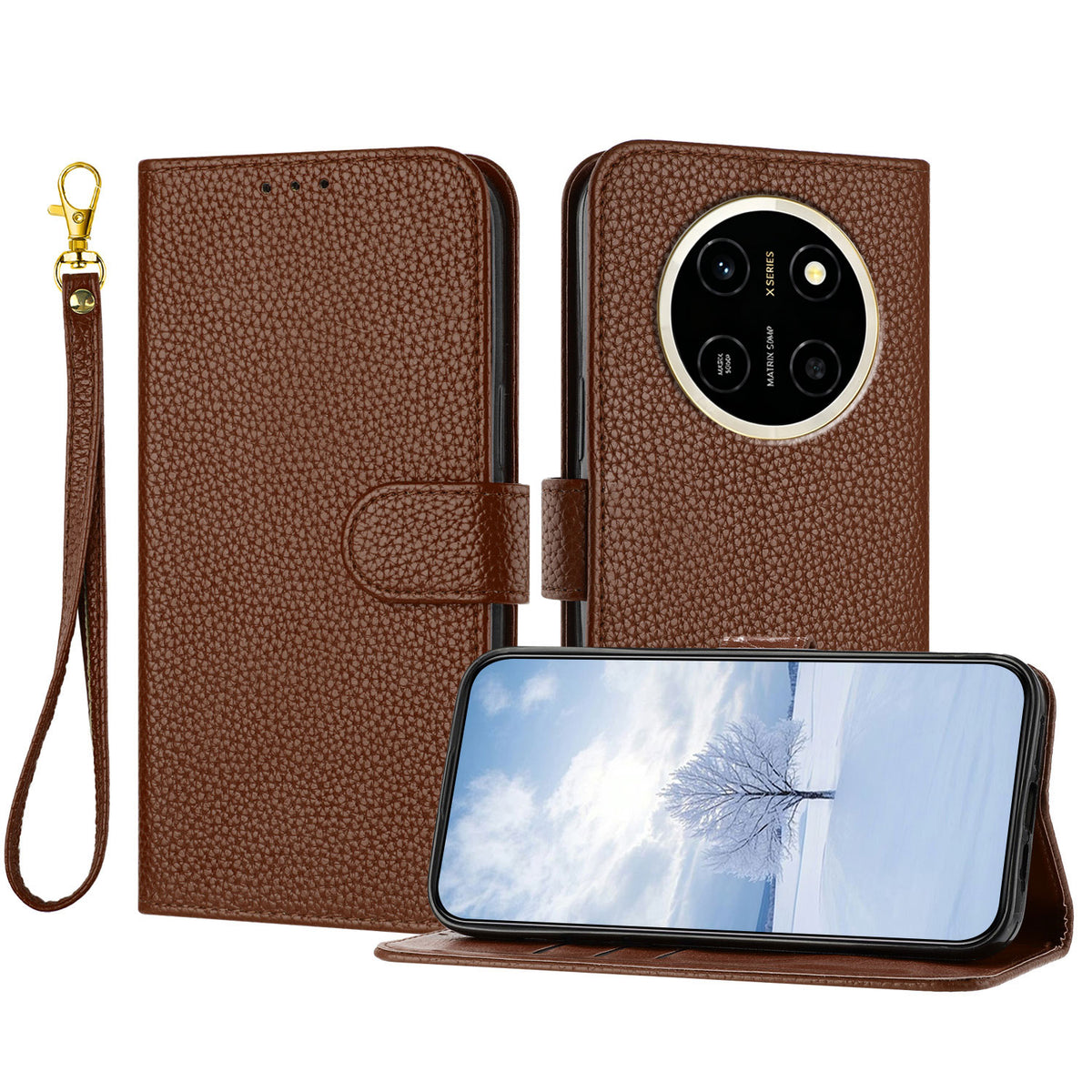 For Honor X80 Pro Max 5G Leather Case Litchi Texture Wallet Stand Anti Drop Phone Cover with Wrist Strap
