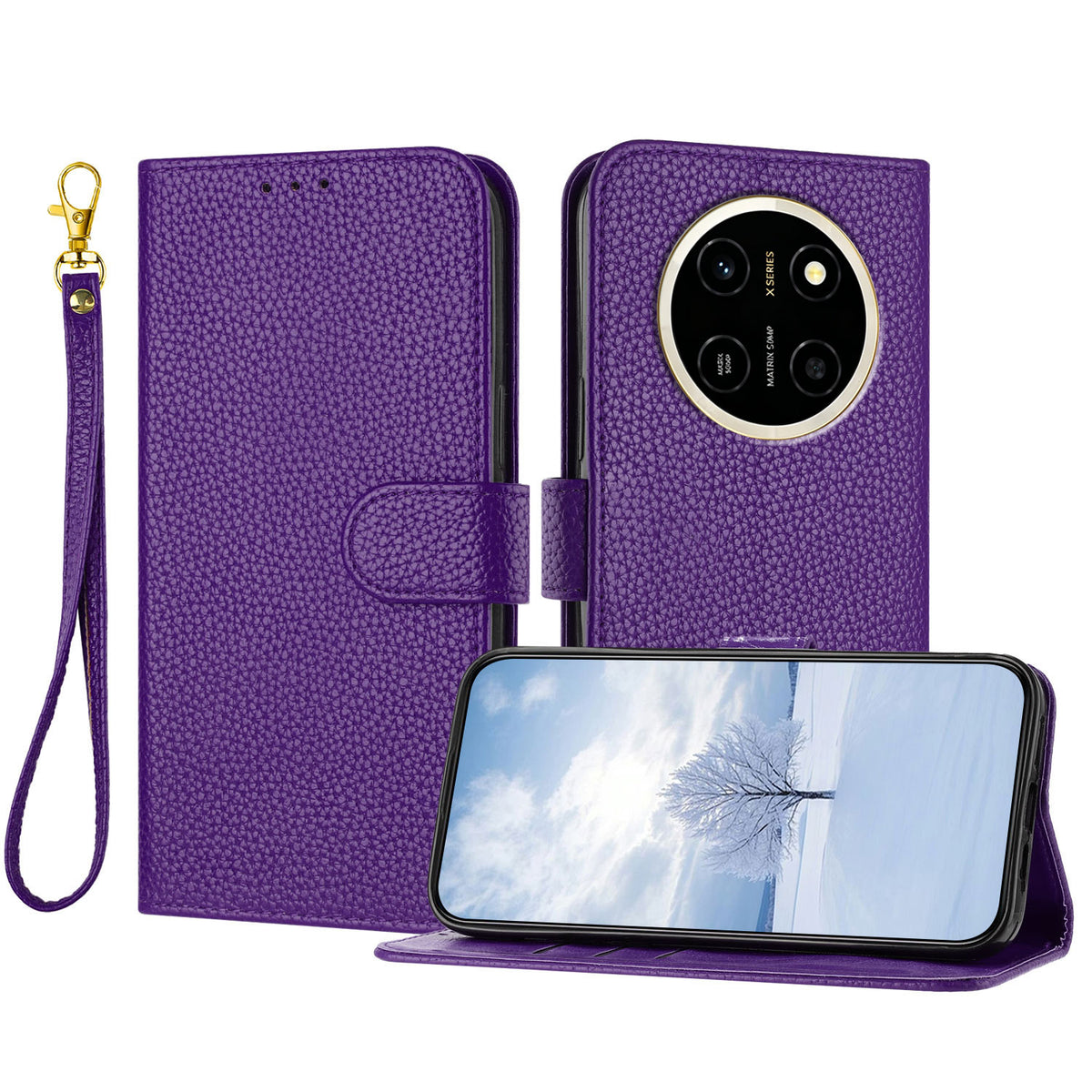 For Honor X80 Pro Max 5G Leather Case Litchi Texture Wallet Stand Anti Drop Phone Cover with Wrist Strap