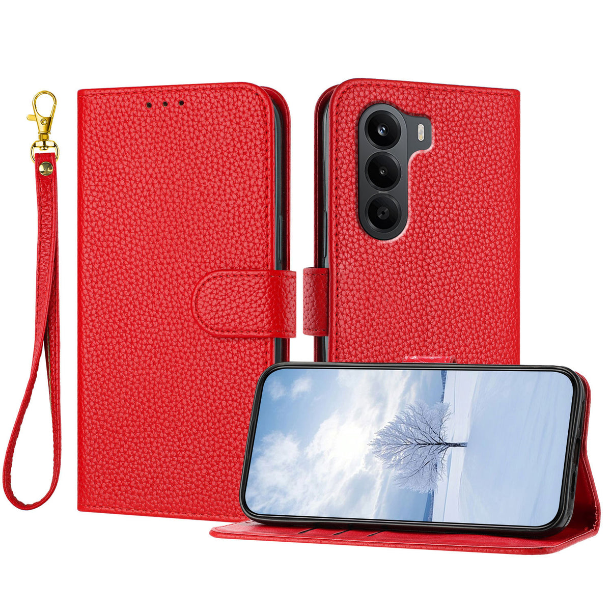 Til OnePlus Turbo 6X 5G Læderetui Litchi Tekstur Pung Stativ Anti Fald Telefoncover med Håndledsrem