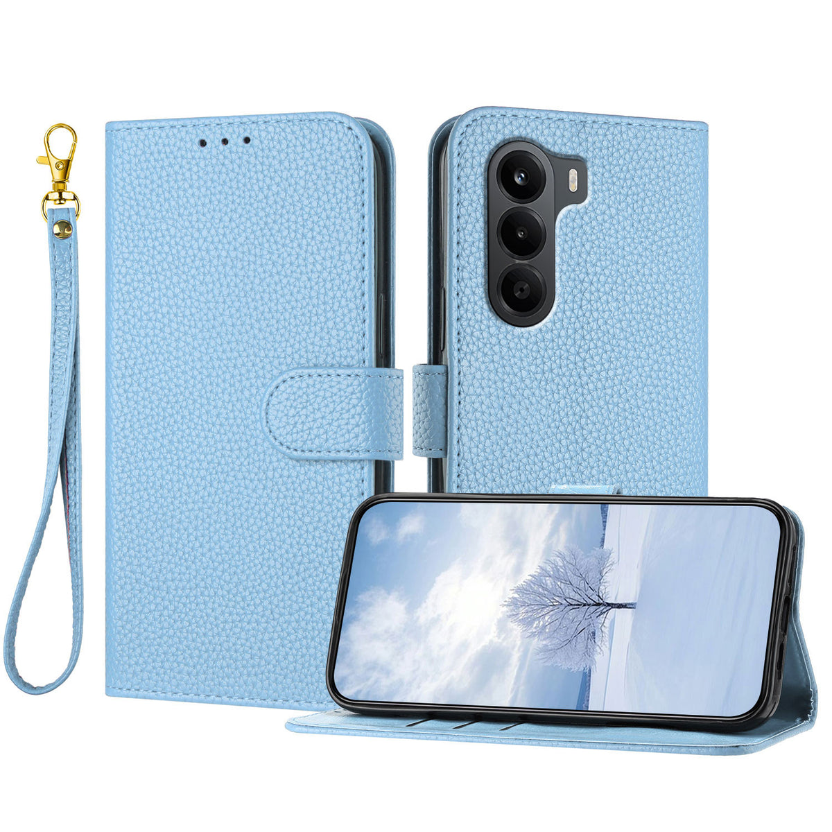 Til OnePlus Turbo 6X 5G Læderetui Litchi Tekstur Pung Stativ Anti Fald Telefoncover med Håndledsrem