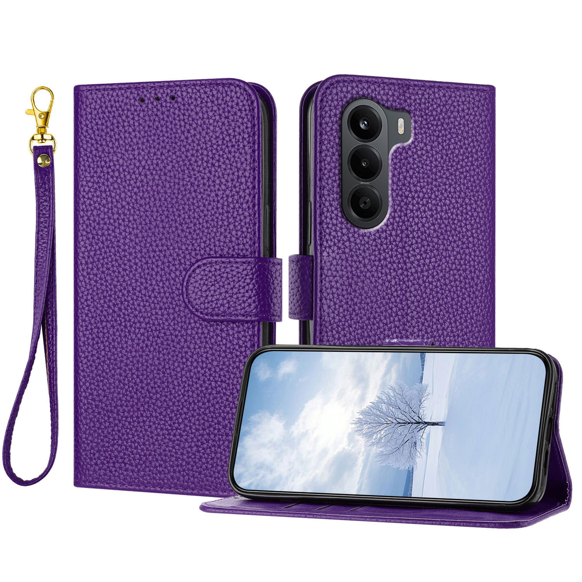 Til OnePlus Turbo 6X 5G Læderetui Litchi Tekstur Pung Stativ Anti Fald Telefoncover med Håndledsrem