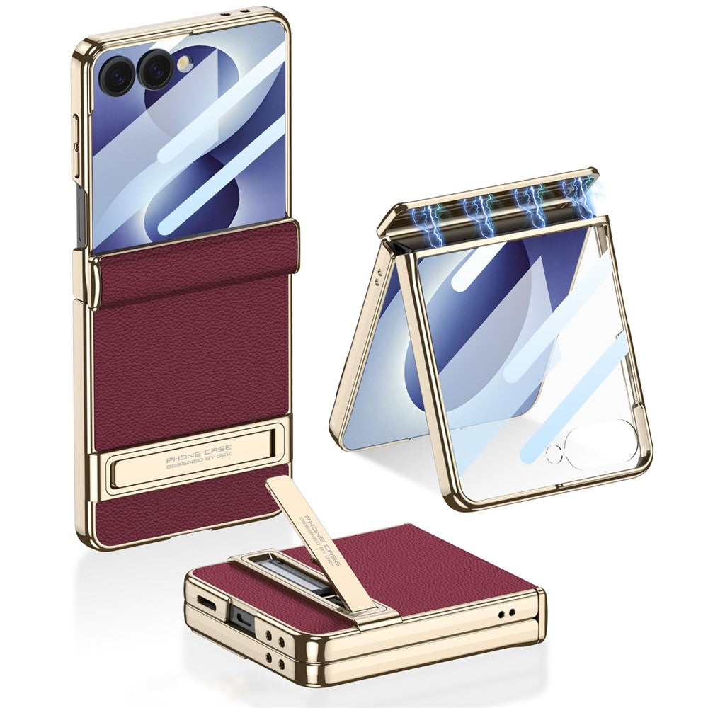 GKK För Samsung Galaxy Z Flip8 Stativskal Magnetiskt Gångjärnsskydd PU + PC + Härdat Glas mobilskal