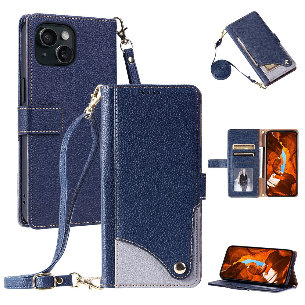 Til iPhone 15 Læderetui med håndledsrem og skulderrem, Dual Color med flere kortlommer Telefoncover