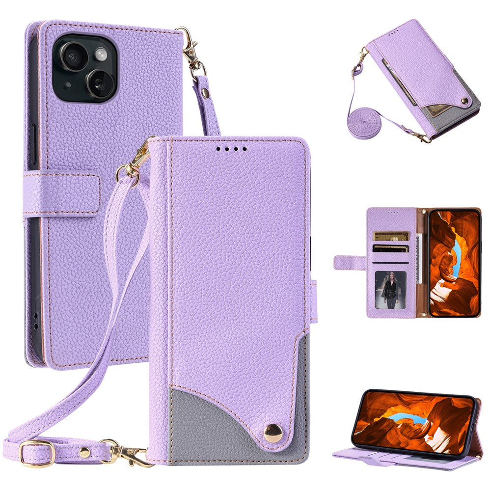 Til iPhone 15 Læderetui med håndledsrem og skulderrem, Dual Color med flere kortlommer Telefoncover