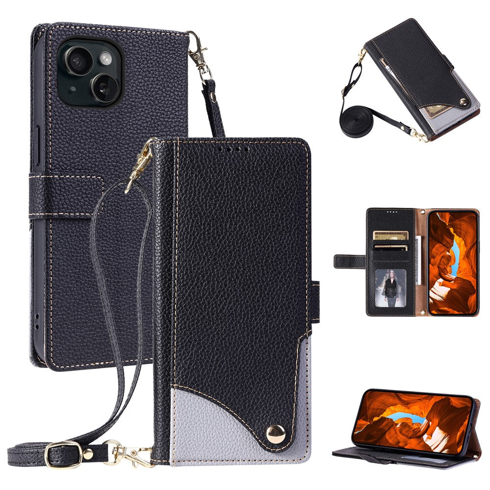 For iPhone 15 Plus Leather Case with Wrist Strap and Shoulder Strap Dual Color Multi Card Slots Phone Cover