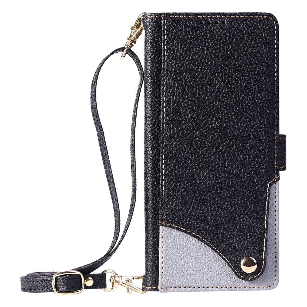 For iPhone 15 Plus Leather Case with Wrist Strap and Shoulder Strap Dual Color Multi Card Slots Phone Cover