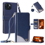For iPhone 15 Plus Leather Case with Wrist Strap and Shoulder Strap Dual Color Multi Card Slots Phone Cover