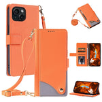 For iPhone 15 Plus Leather Case with Wrist Strap and Shoulder Strap Dual Color Multi Card Slots Phone Cover