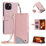 For iPhone 15 Plus Leather Case with Wrist Strap and Shoulder Strap Dual Color Multi Card Slots Phone Cover
