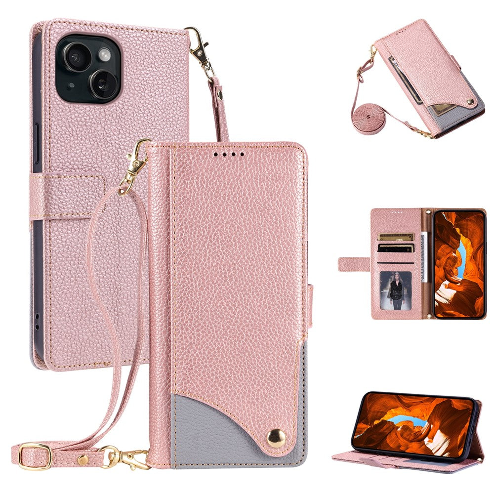 For iPhone 15 Plus Leather Case with Wrist Strap and Shoulder Strap Dual Color Multi Card Slots Phone Cover