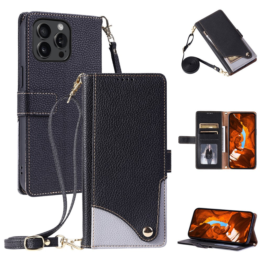 For iPhone 15 Pro Leather Case with Wrist Strap and Shoulder Strap Dual Color Multi Card Slots Phone Cover