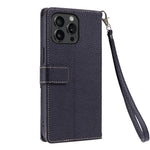 For iPhone 15 Pro Leather Case with Wrist Strap and Shoulder Strap Dual Color Multi Card Slots Phone Cover
