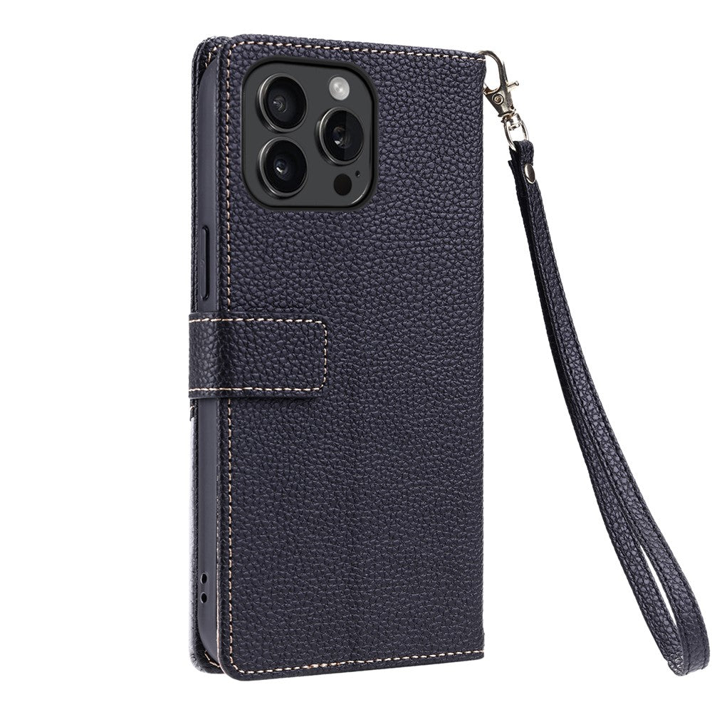 For iPhone 15 Pro Leather Case with Wrist Strap and Shoulder Strap Dual Color Multi Card Slots Phone Cover