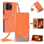 For iPhone 15 Pro Leather Case with Wrist Strap and Shoulder Strap Dual Color Multi Card Slots Phone Cover