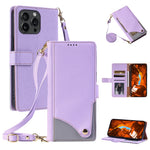 For iPhone 15 Pro Leather Case with Wrist Strap and Shoulder Strap Dual Color Multi Card Slots Phone Cover