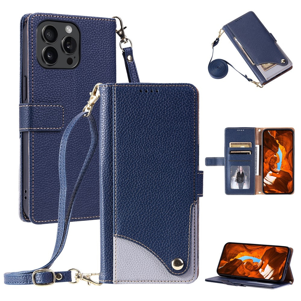 For iPhone 15 Pro Max Leather Case with Wrist Strap and Shoulder Strap Dual Color Multi Card Slots Phone Cover