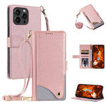 For iPhone 15 Pro Max Leather Case with Wrist Strap and Shoulder Strap Dual Color Multi Card Slots Phone Cover