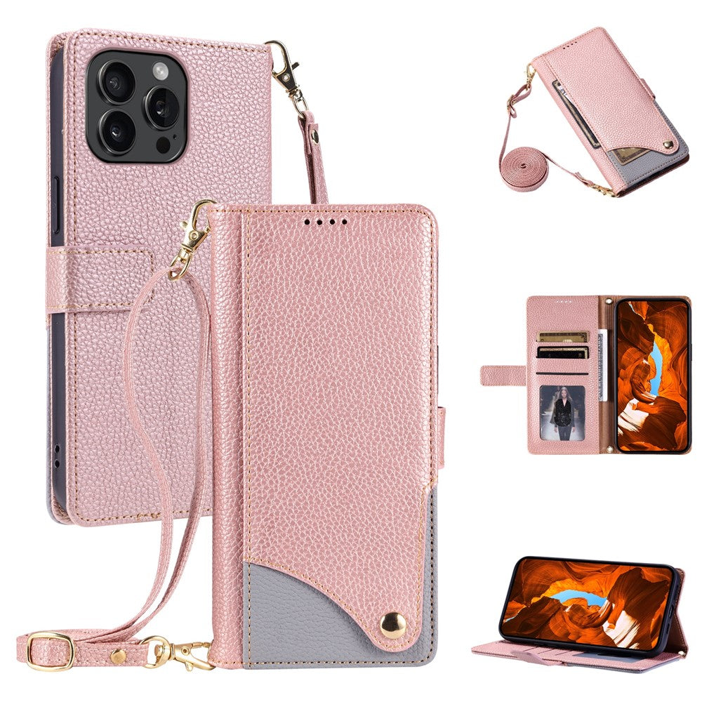 For iPhone 15 Pro Max Leather Case with Wrist Strap and Shoulder Strap Dual Color Multi Card Slots Phone Cover