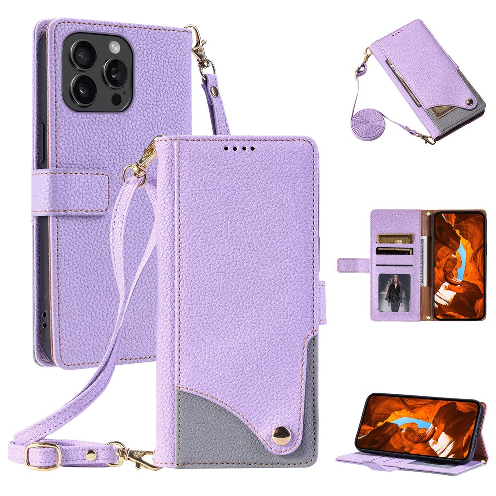 For iPhone 15 Pro Max Leather Case with Wrist Strap and Shoulder Strap Dual Color Multi Card Slots Phone Cover