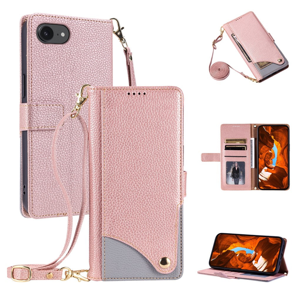 For iPhone 17th / 16th Leather Case with Wrist Strap and Shoulder Strap Dual Color Multi Card Slots Phone Cover