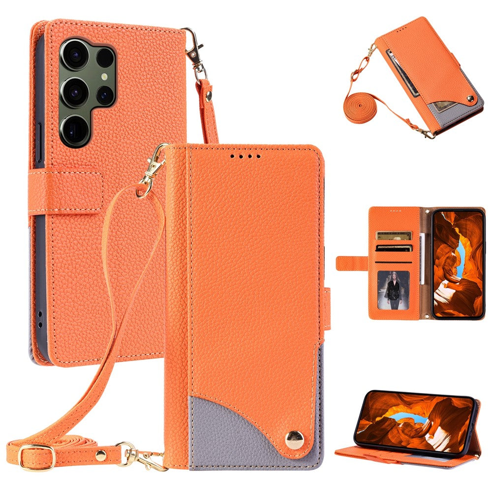 For Samsung Galaxy S24 Ultra Leather Case with Wrist Strap and Shoulder Strap Dual Color Multi Card Slots Phone Cover