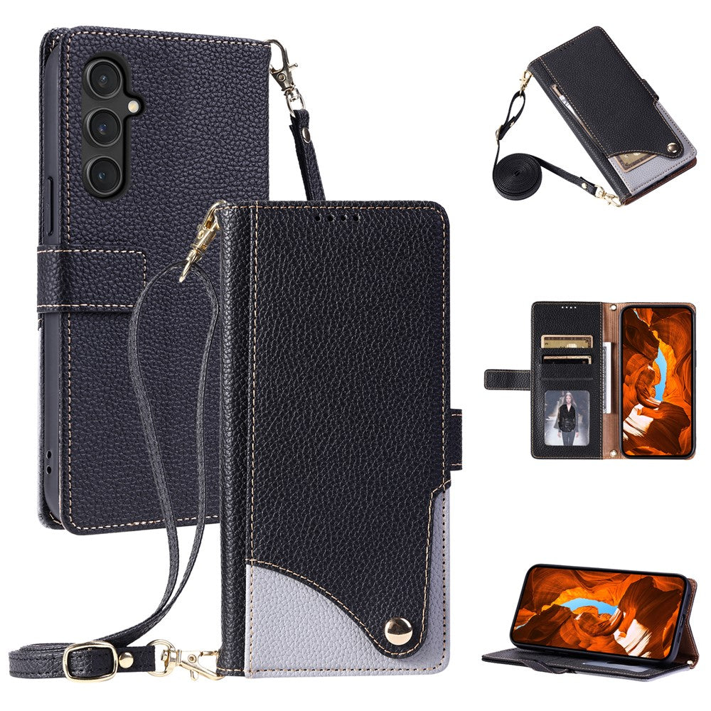Til Samsung Galaxy S24 FE lædercover med håndrem og skulderrem, tofarvet telefoncover med flere kortlommer