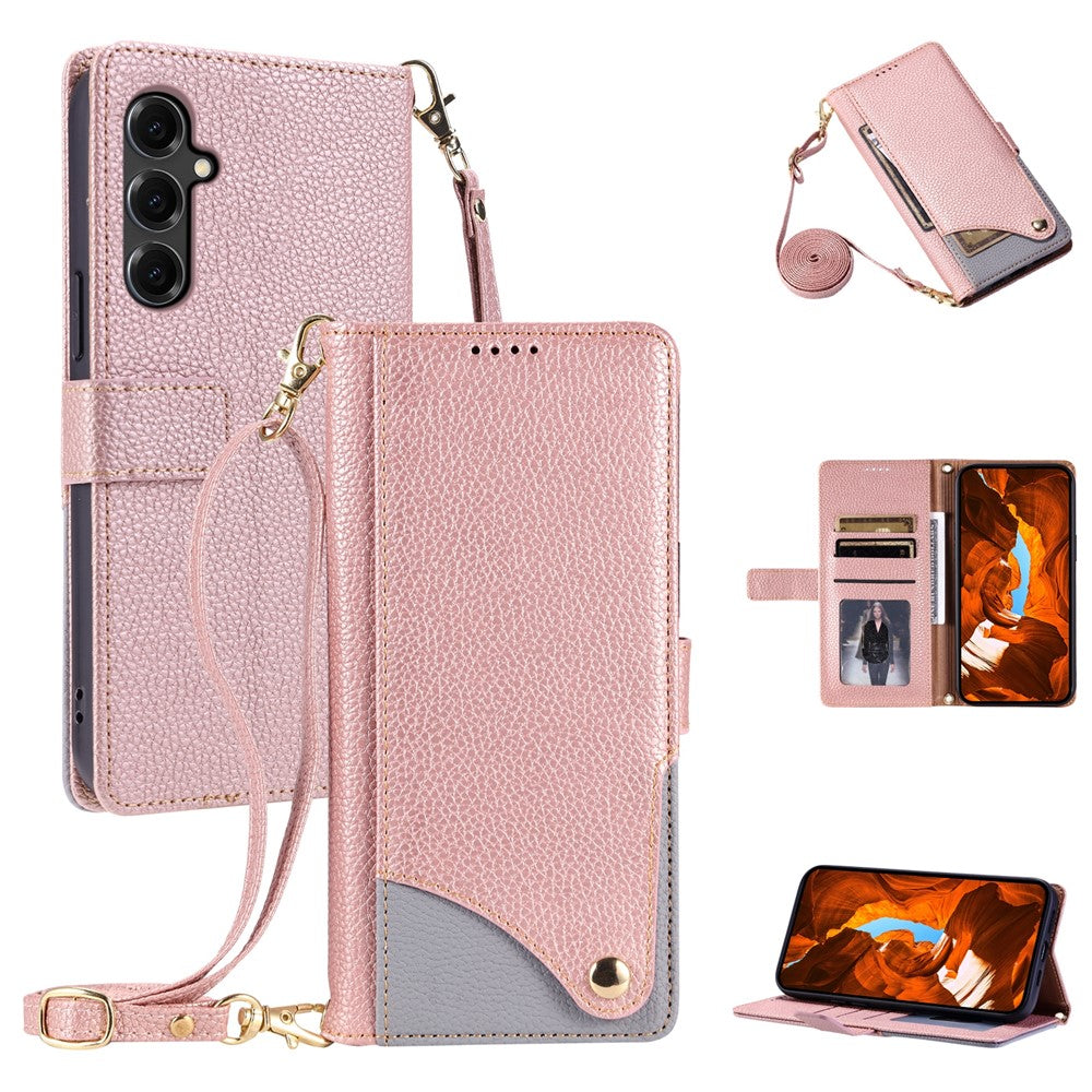 For Samsung Galaxy S25+ Leather Case with Wrist Strap and Shoulder Strap Dual Color Multi Card Slots Phone Cover