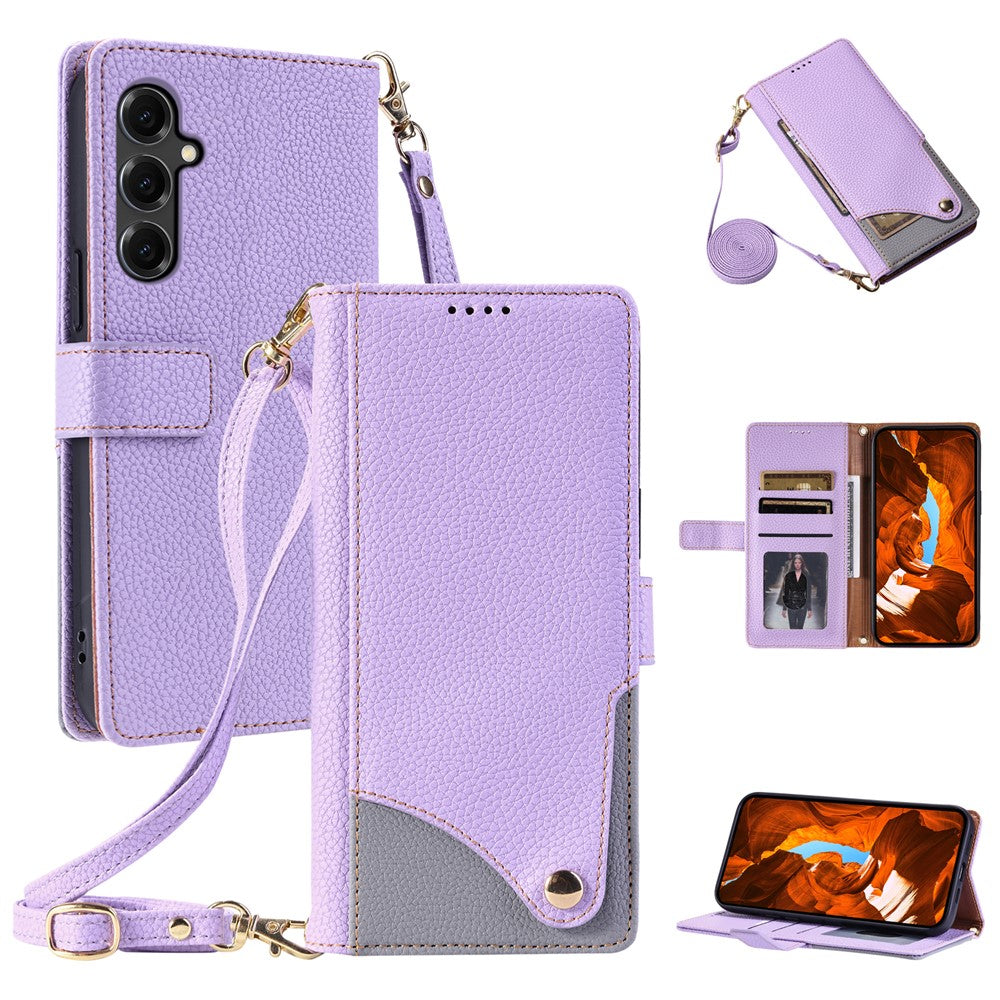 For Samsung Galaxy S25+ Leather Case with Wrist Strap and Shoulder Strap Dual Color Multi Card Slots Phone Cover