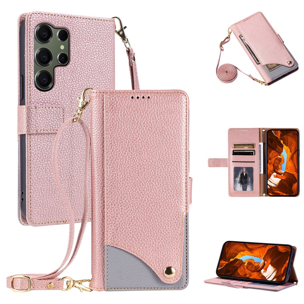 For Samsung Galaxy S25 Ultra Leather Case with Wrist Strap and Shoulder Strap Dual Color Multi Card Slots Phone Cover