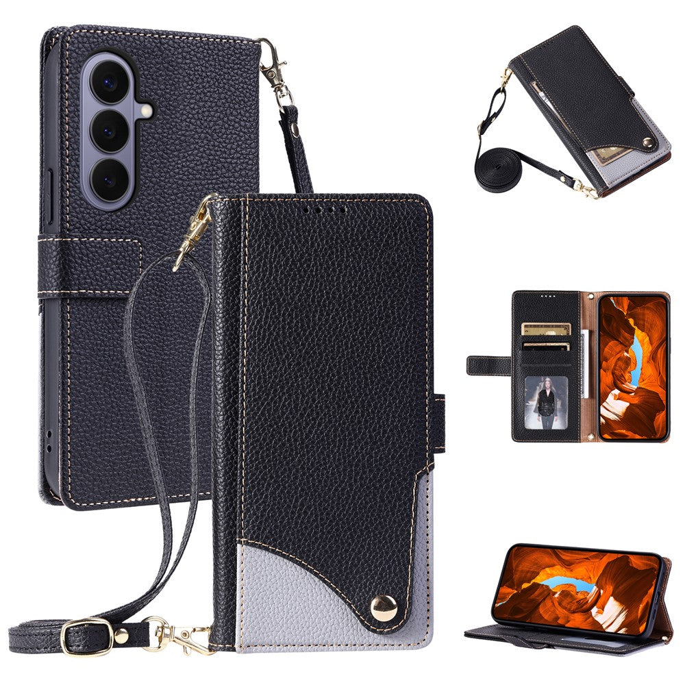 For Samsung Galaxy S26+ Leather Case with Wrist Strap and Shoulder Strap Dual Color Multi Card Slots Phone Cover