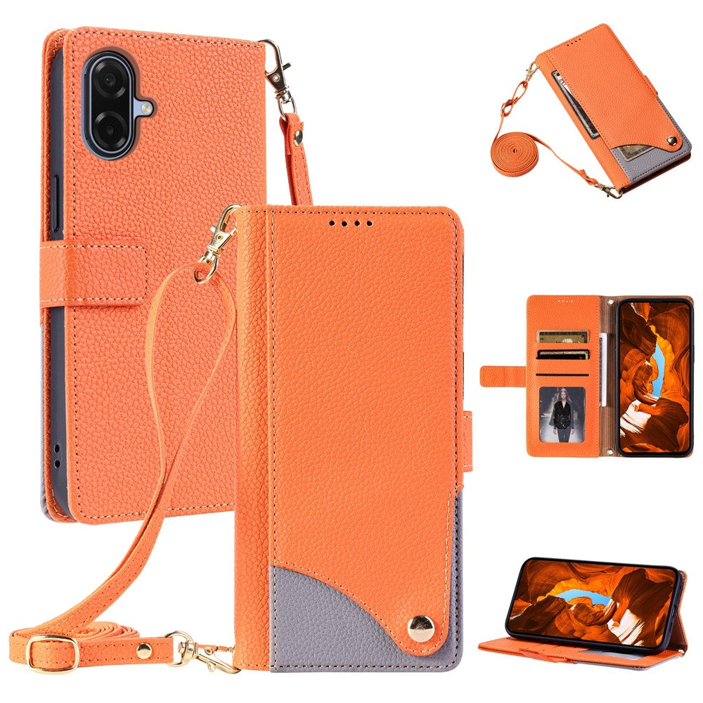 Samsung Galaxy A06 4G / A06 5G / A07 4G / A07 5G / A07s 4G / F70e 5G / M17e 5G / A08 5G / A08 4G Läderfodral med handledsrem och axelrem Tvåfärgat mobilfodral med flera kortplatser