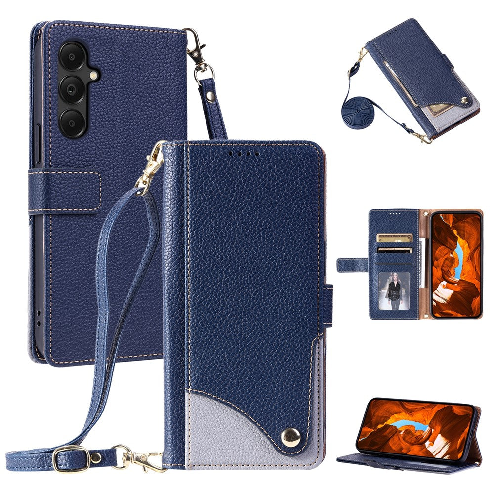 For Samsung Galaxy A25 5G (Global) (161mm) Leather Case with Wrist Strap and Shoulder Strap Dual Color Multi Card Slots Phone Cover