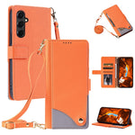 For Samsung Galaxy A55 5G Leather Case with Wrist Strap and Shoulder Strap Dual Color Multi Card Slots Phone Cover