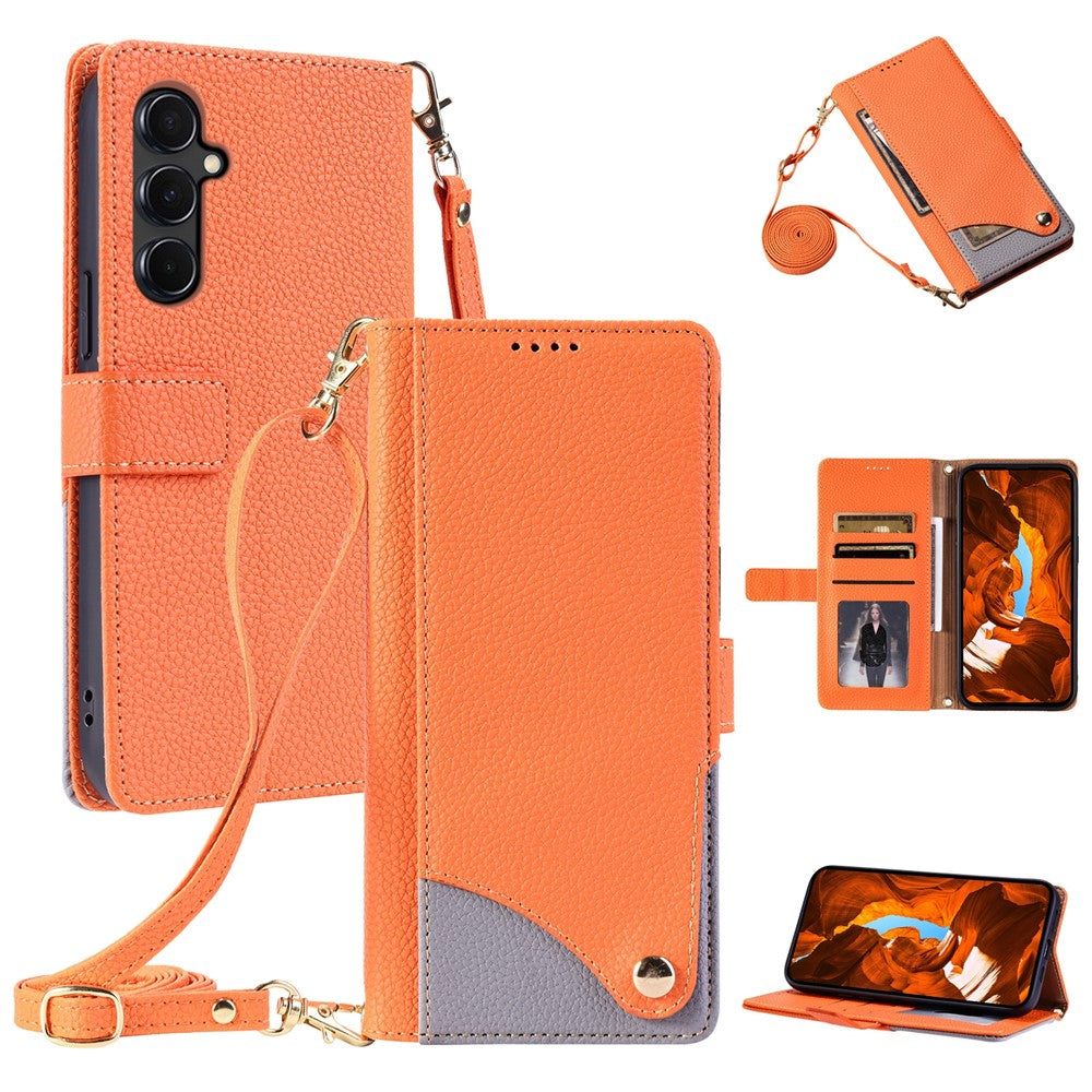 For Samsung Galaxy A55 5G Leather Case with Wrist Strap and Shoulder Strap Dual Color Multi Card Slots Phone Cover