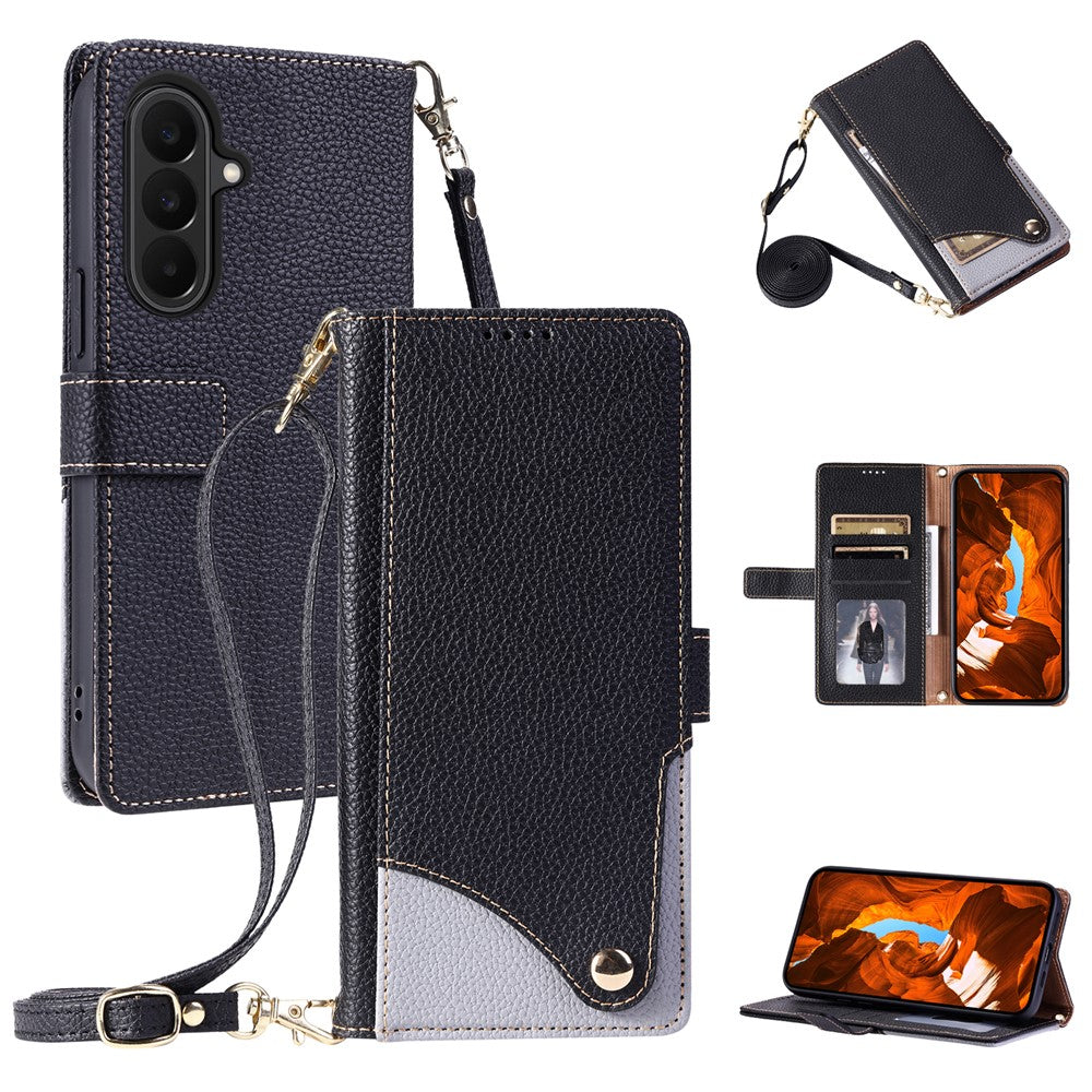 Til Samsung Galaxy A57 5G Lædercover med håndledsrem og skulderrem, tofarget telefoncover med flere kortlommer