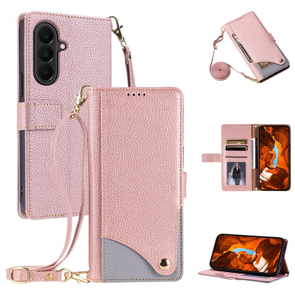 For Samsung Galaxy A27 5G Leather Case with Wrist Strap and Shoulder Strap Dual Color Multi Card Slots Phone Cover